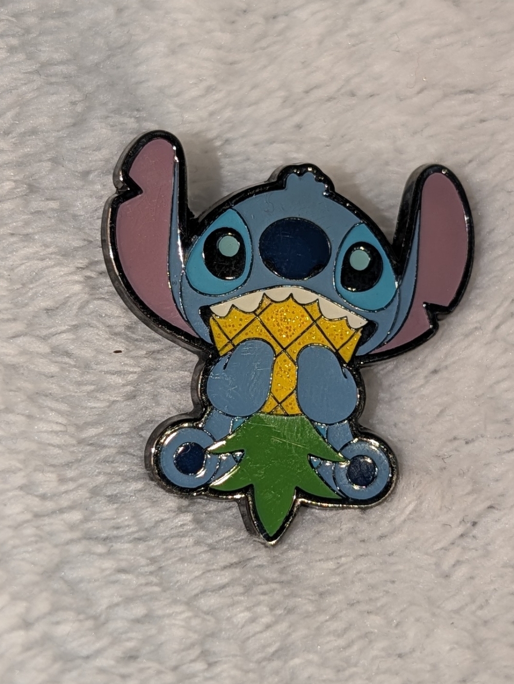 Disney Blue Stitch Enamel Pin with Yellow Pineapple and Green Leaf